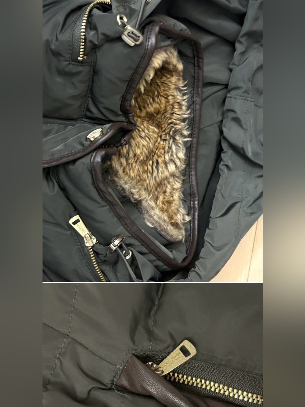 Cole Haan Signature Olive Green Down Puffer Hooded Jacket with Faux-Fur Medium - Picture 13 of 15